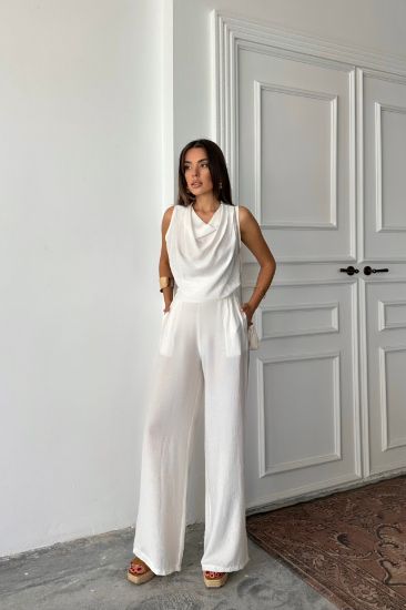 DEGAJE YAKA KOLSUZ BLUZ - PANTOLON TAKIM - Beyaz resmi